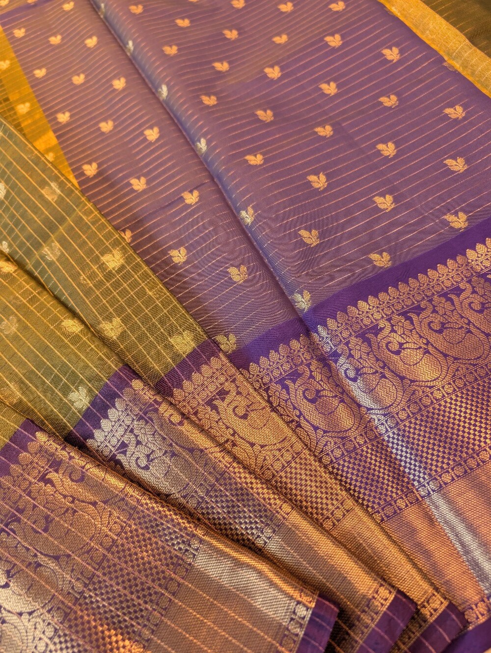 Olive Green And Purple Semi Kora Tissue Silk Checked Saree With Running Blouse